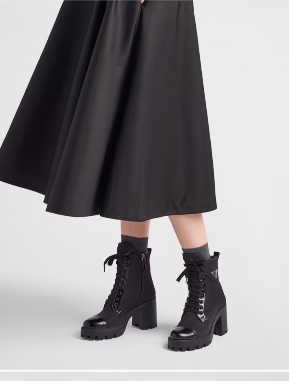 Prada Black Lace-Up Patent Accent Combat Boots